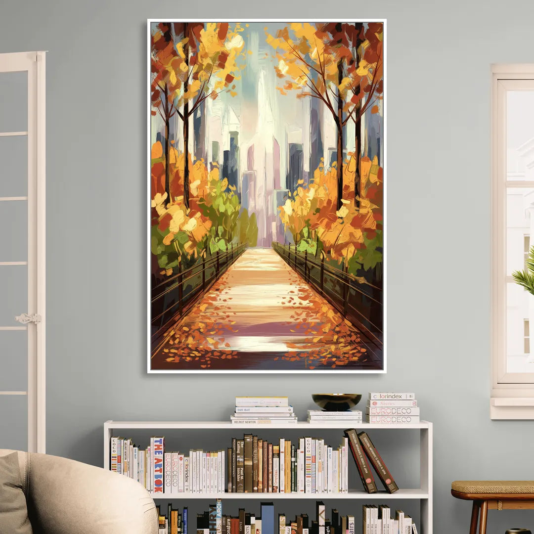 New York City Central Park in Fall Sunny Sitting Room - White Canvas Wall Art