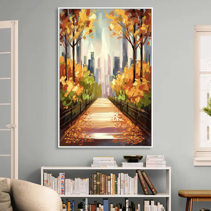 New York City Central Park in Fall Sunny Sitting Room - White Canvas Wall Art