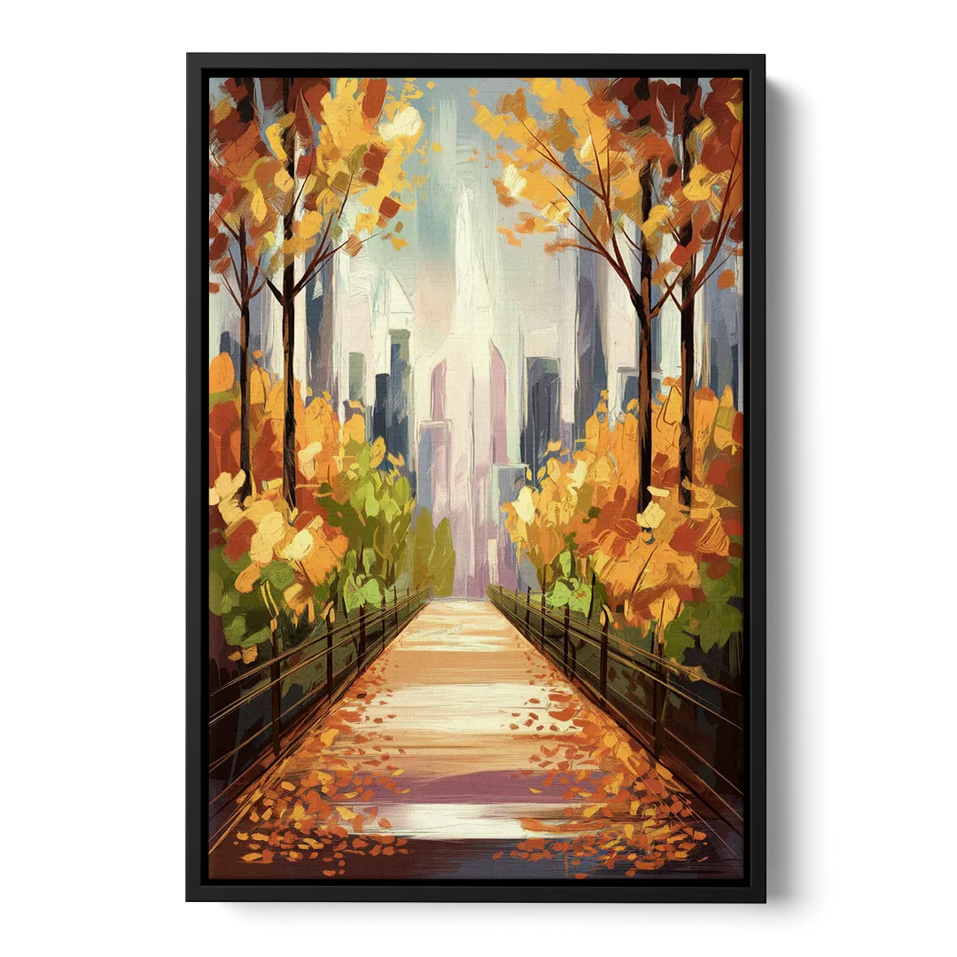 New York City Central Park in Fall Sunny Front - Black Canvas Wall Art