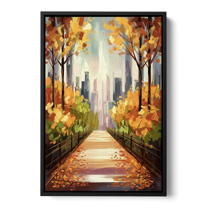 New York City Central Park in Fall Sunny Front - Black Canvas Wall Art