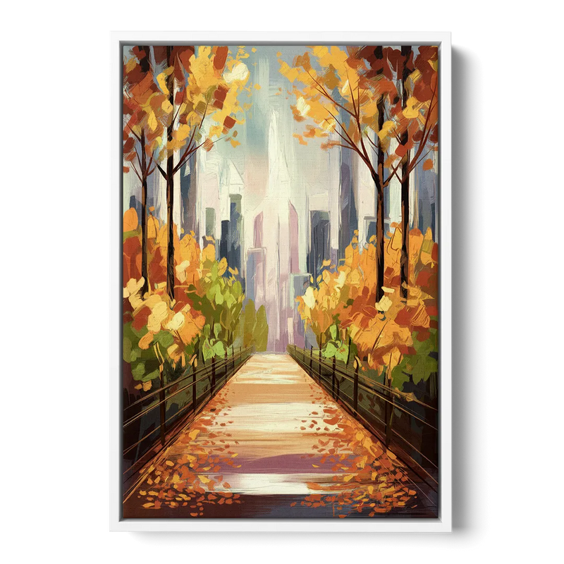New York City Central Park in Fall Sunny Front - White Canvas Wall Art
