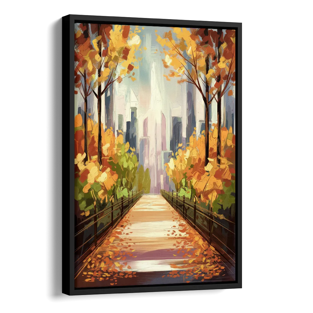 New York City Central Park in Fall Sunny Side - Black Canvas Wall Art