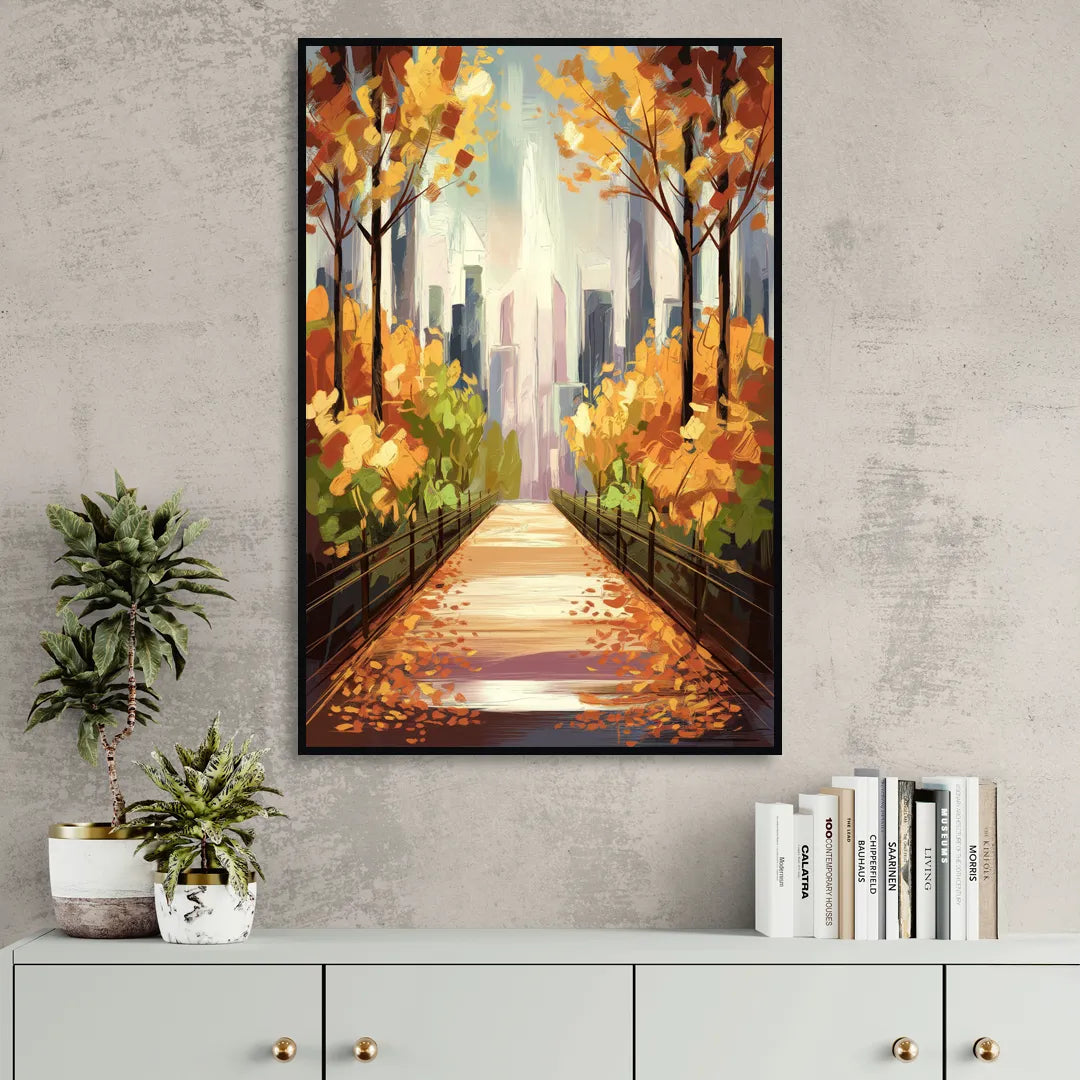 New York City Central Park in Fall Sunny Sitting Room - Black Canvas Wall Art
