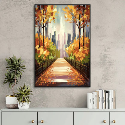 New York City Central Park in Fall Sunny Sitting Room - Black Canvas Wall Art