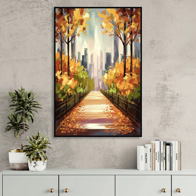 New York City Central Park in Fall Sunny Sitting Room - Black Canvas Wall Art