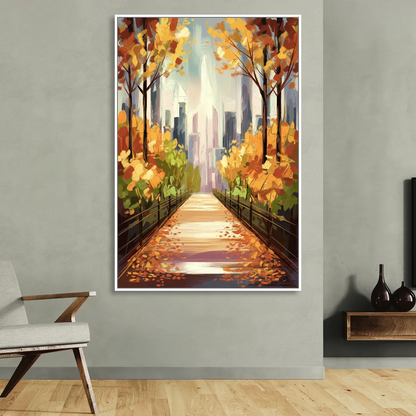 New York City Central Park in Fall Sunny Living Room - White Canvas Wall Art