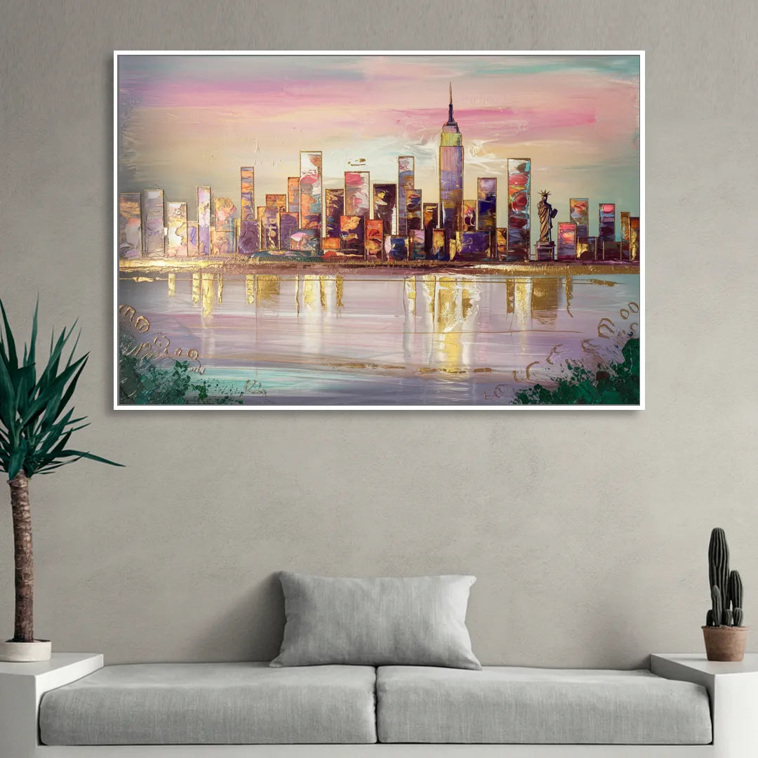 New York City Downtown Skyline Sitting Room - White Canvas Wall Art