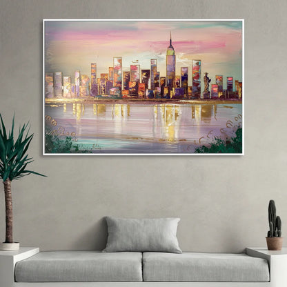 New York City Downtown Skyline Sitting Room - White Canvas Wall Art