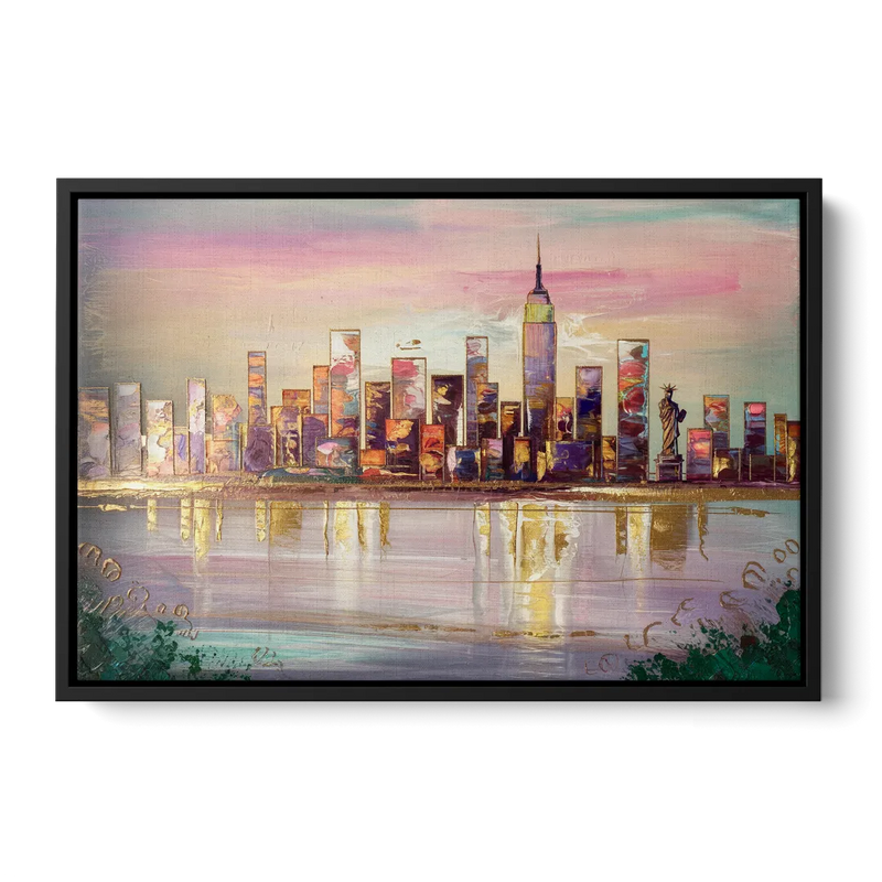 New York City Downtown Skyline Front - Black Canvas Wall Art