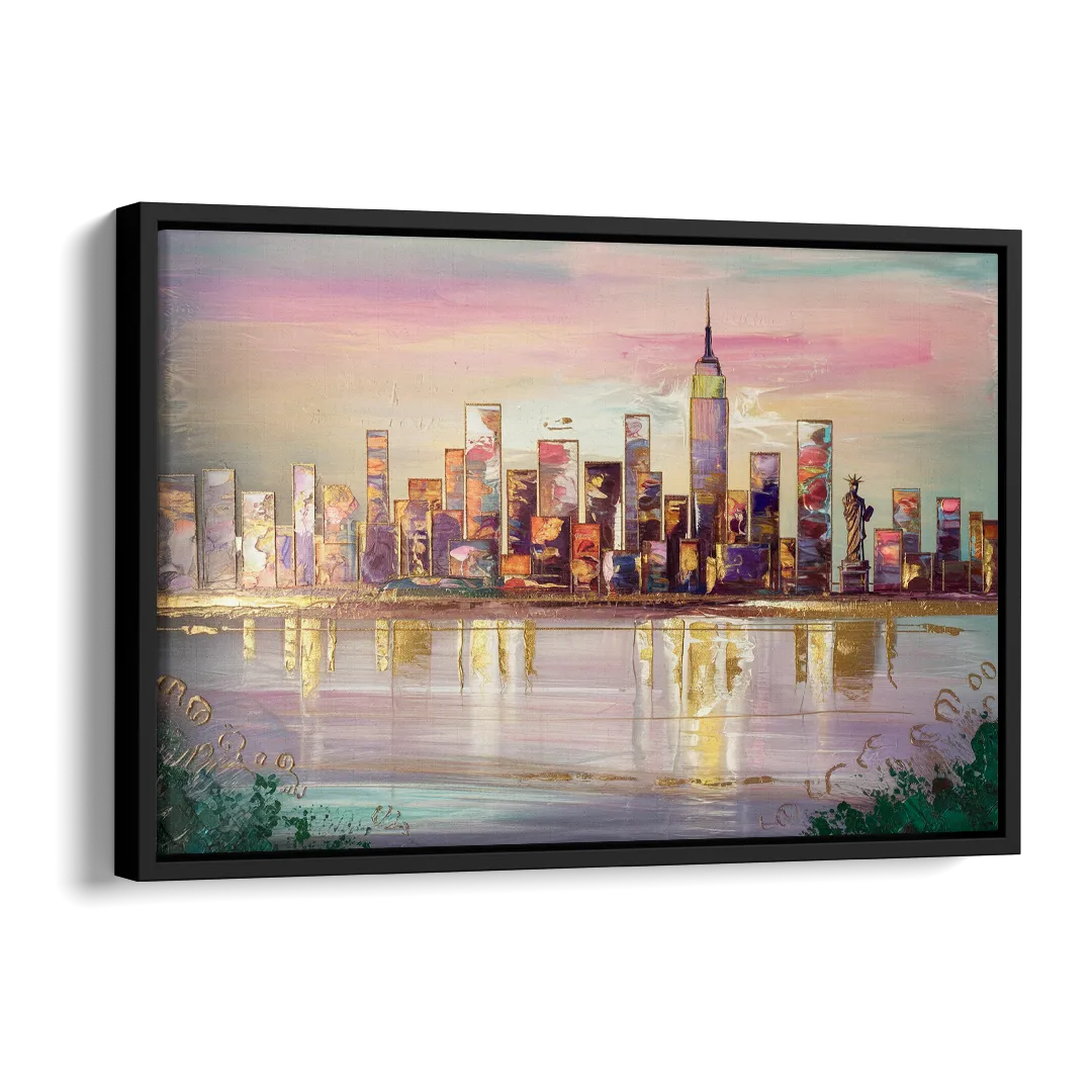 New York City Downtown Skyline Side - Black Canvas Wall Art