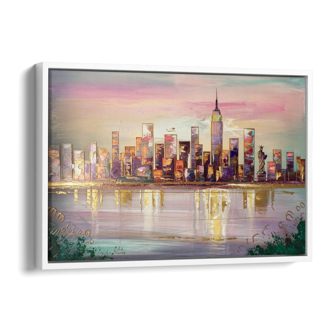 New York City Downtown Skyline Side - White Canvas Wall Art