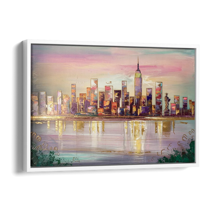 New York City Downtown Skyline Side - White Canvas Wall Art