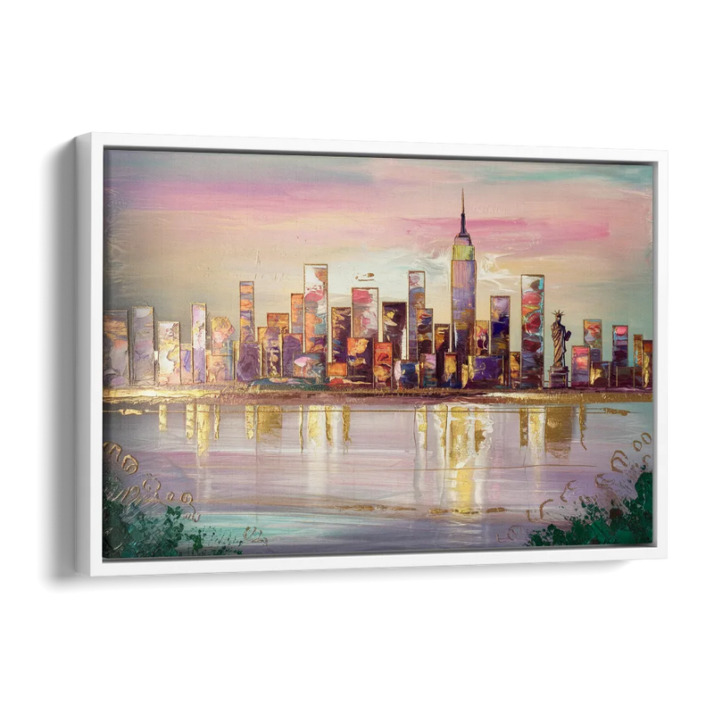 New York City Downtown Skyline Side - White Canvas Wall Art