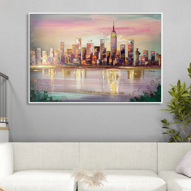 New York City Downtown Skyline Living Room - White Canvas Wall Art