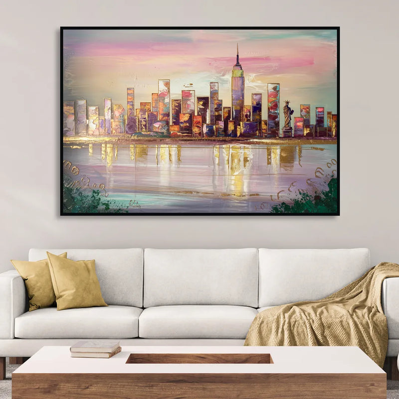 New York City Downtown Skyline Sitting Room - Black Canvas Wall Art