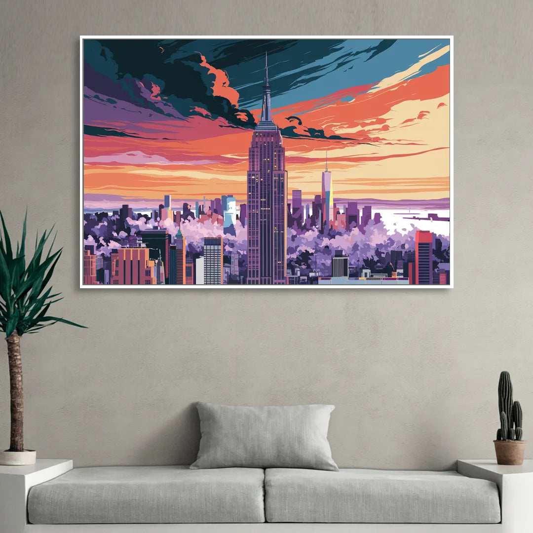 New York City Empire State Building Living Room - White Canvas Wall Art