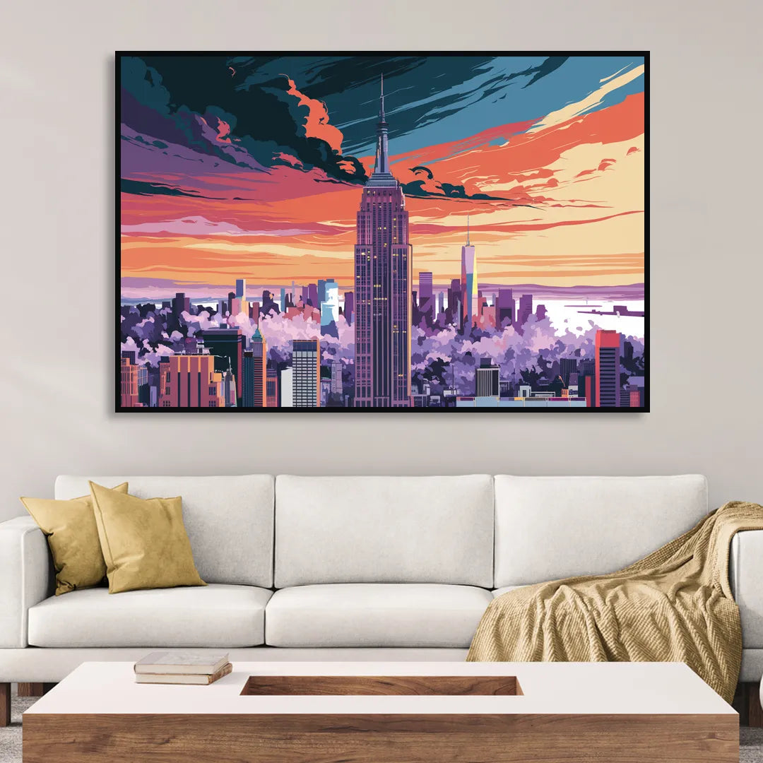 New York City Empire State Building Living Room - Black Canvas Wall Art