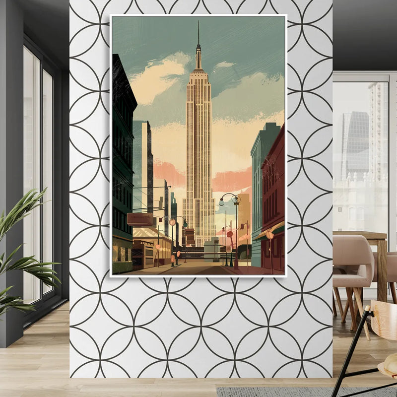 New York City Empire State Building Sunny Sitting Room - White Canvas Wall Art