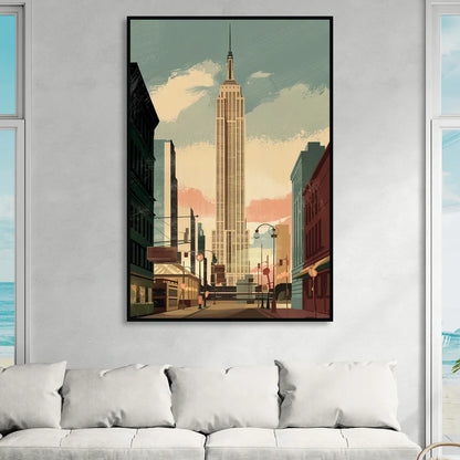 New York City Empire State Building Sunny Sitting Room - Black Canvas Wall Art