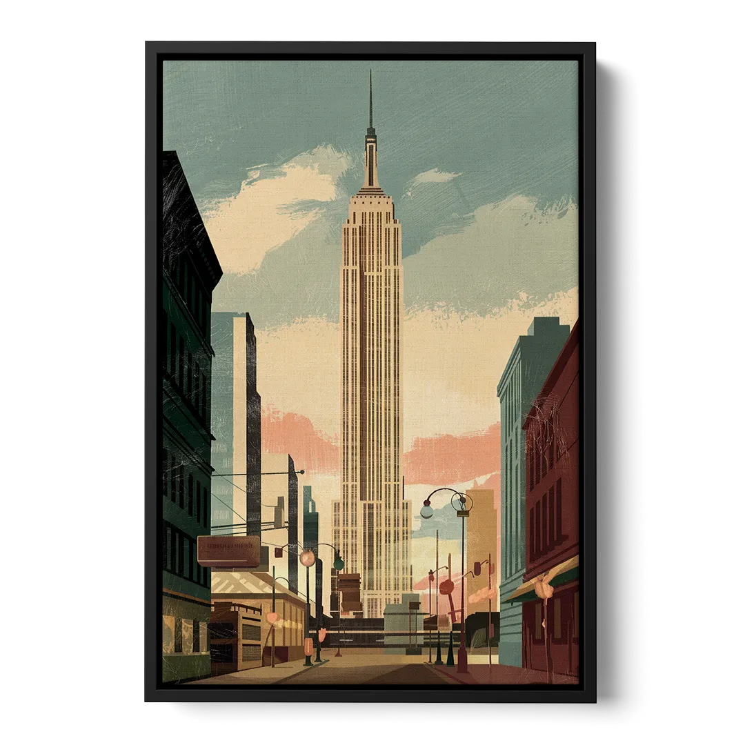 New York City Empire State Building Sunny Front - Black Canvas Wall Art