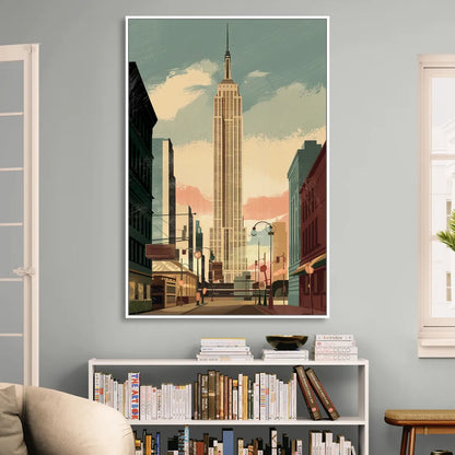 New York City Empire State Building Sunny Living Room - White Canvas Wall Art