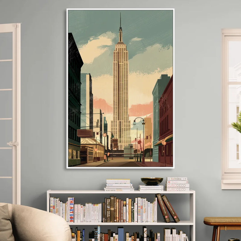 New York City Empire State Building Sunny Living Room - White Canvas Wall Art