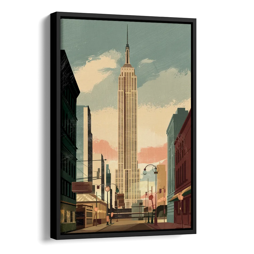 New York City Empire State Building Sunny Side - Black Canvas Wall Art