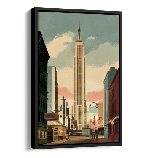 New York City Empire State Building Sunny Side - Black Canvas Wall Art