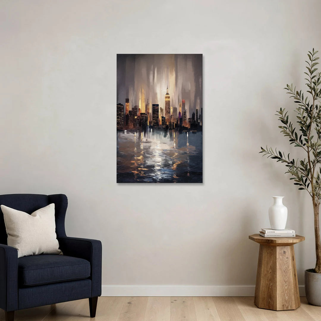 New York City Foggy Skyline Contrast Night - Canvas Wall Art - Sofa - 24x36