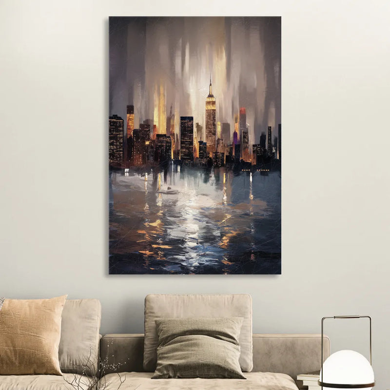 New York City Foggy Skyline Contrast Night Sitting Room - Canvas Wall Art