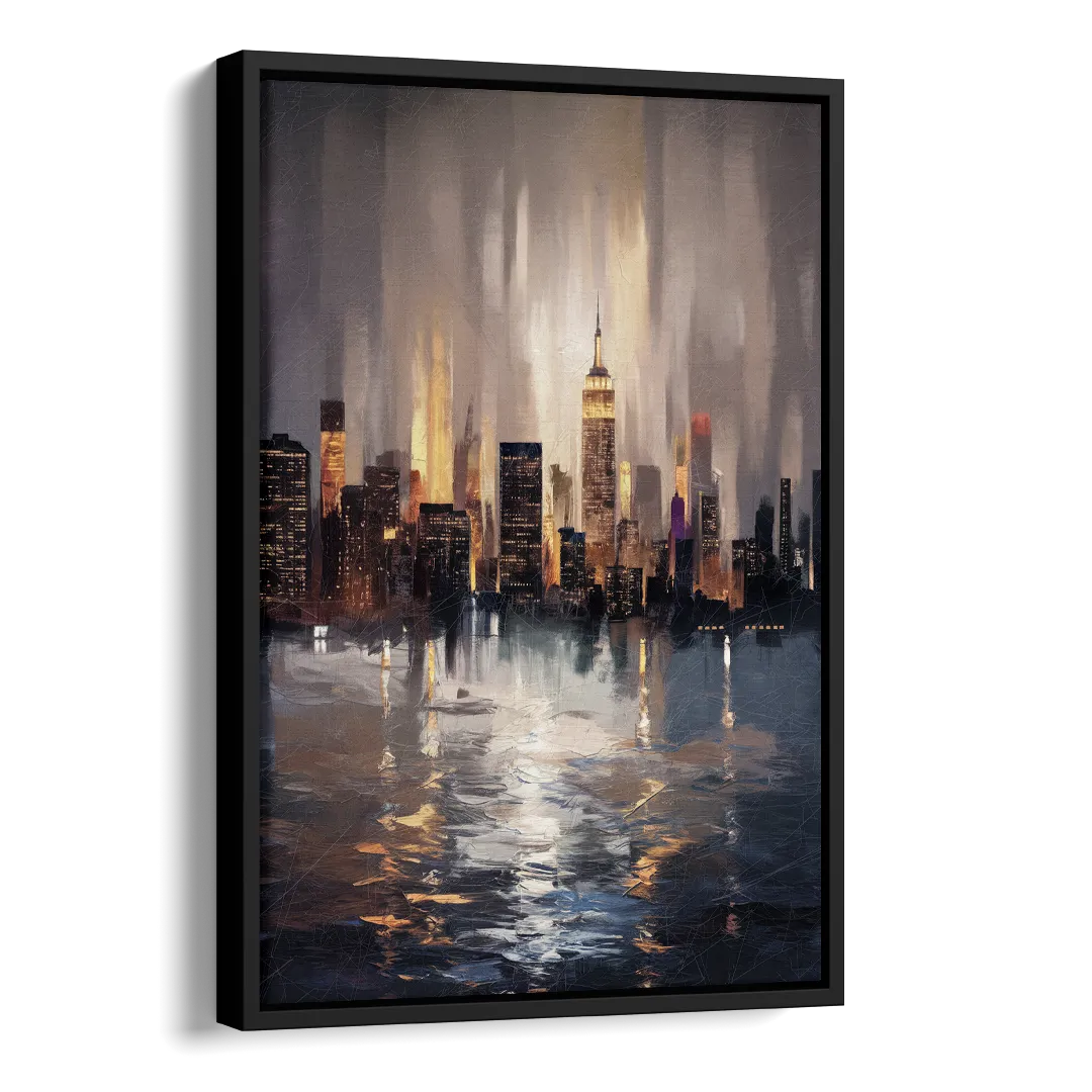 New York City Foggy Skyline Contrast Night Side - Black Canvas Wall Art