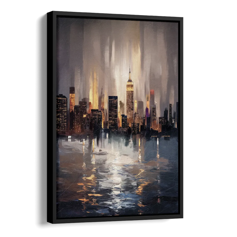 New York City Foggy Skyline Contrast Night Side - Black Canvas Wall Art