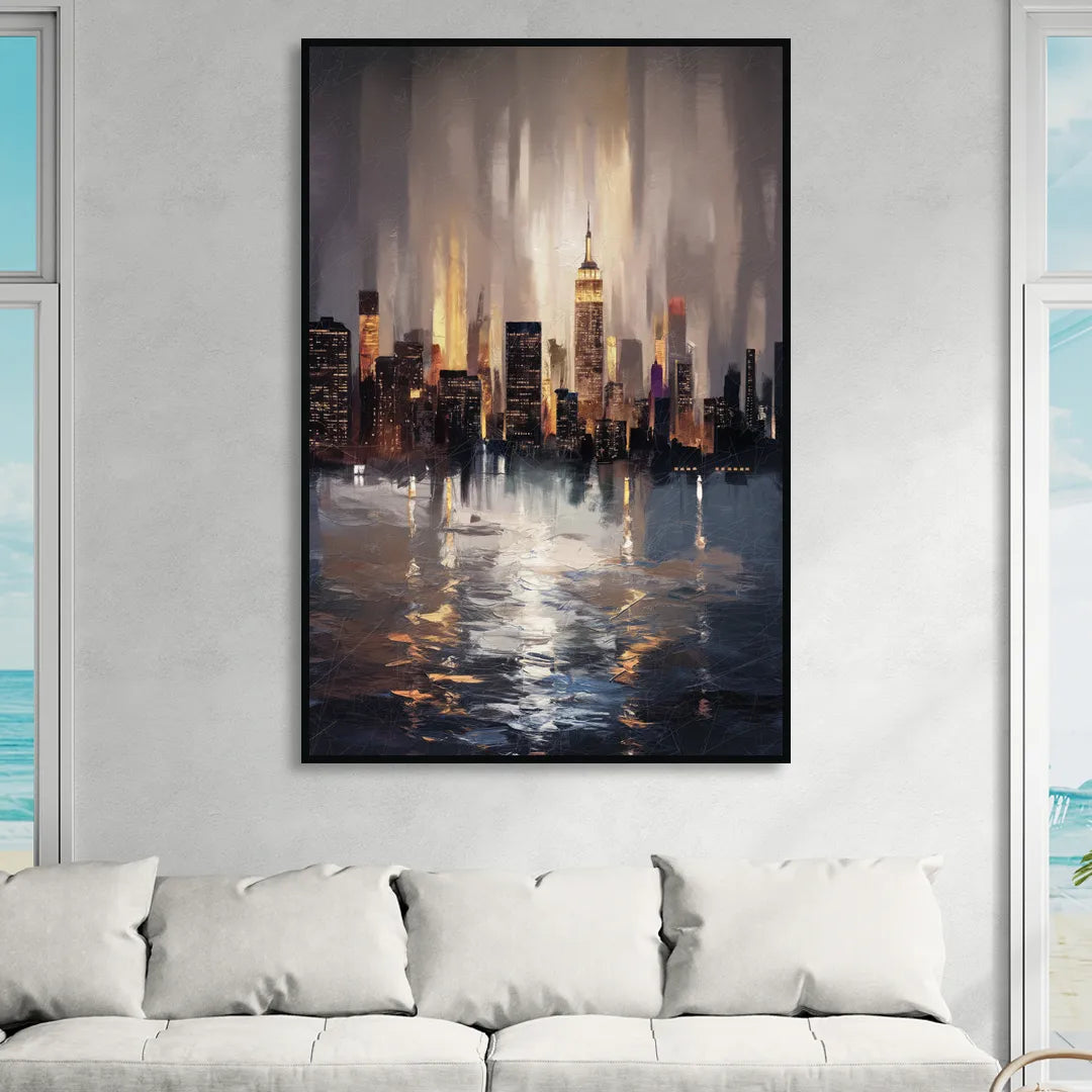 New York City Foggy Skyline Contrast Night Living Room - Black Canvas Wall Art