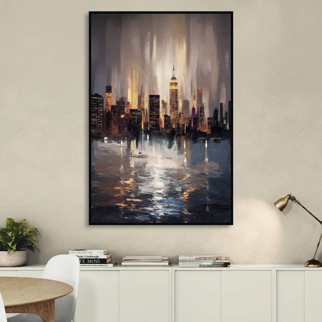 New York City Foggy Skyline Contrast Night Sitting Room - Black Canvas Wall Art