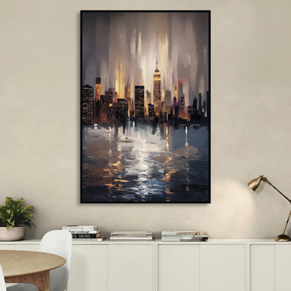 New York City Foggy Skyline Contrast Night Sitting Room - Black Canvas Wall Art