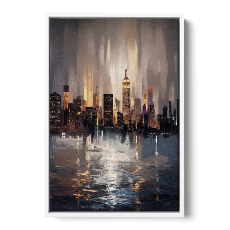 New York City Foggy Skyline Contrast Night Front - White Canvas Wall Art
