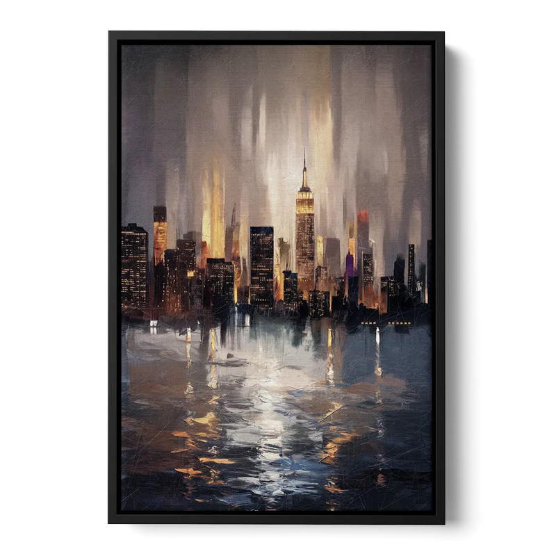 New York City Foggy Skyline Contrast Night Front - Black Canvas Wall Art