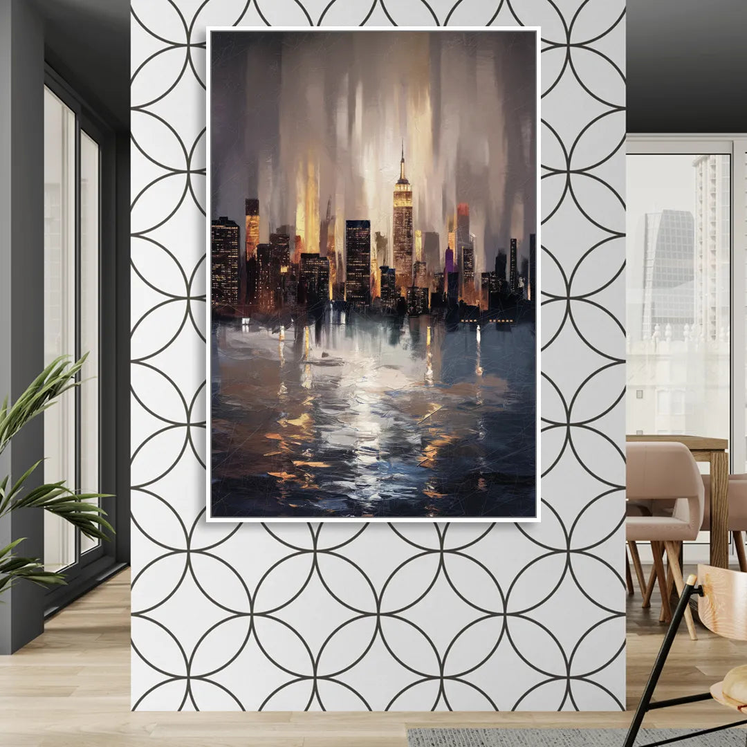 New York City Foggy Skyline Contrast Night Living Room - White Canvas Wall Art