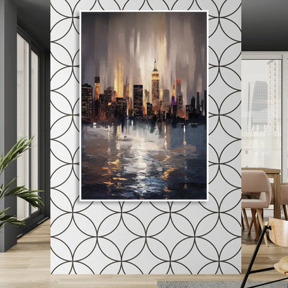 New York City Foggy Skyline Contrast Night Living Room - White Canvas Wall Art