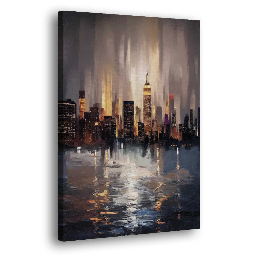 New York City Foggy Skyline Contrast Night Side - Canvas Wall Art