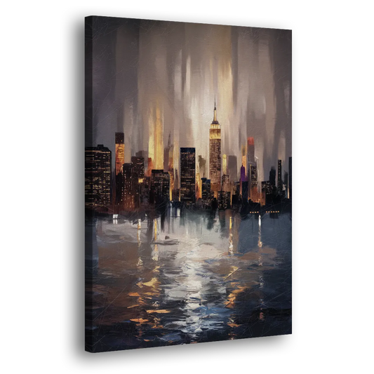 New York City Foggy Skyline Contrast Night Side - Canvas Wall Art