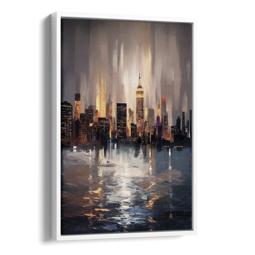 New York City Foggy Skyline Contrast Night Side - White Canvas Wall Art