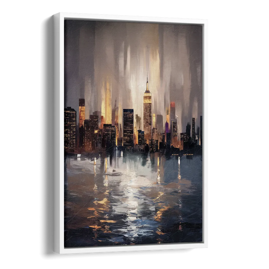 New York City Foggy Skyline Contrast Night Side - White Canvas Wall Art