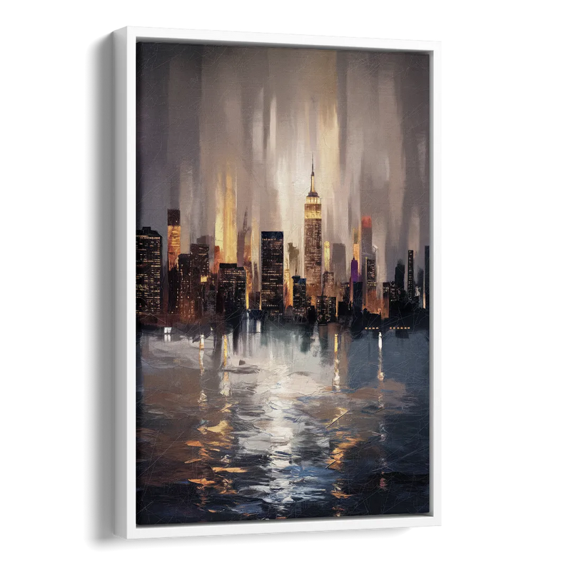 New York City Foggy Skyline Contrast Night Side - White Canvas Wall Art