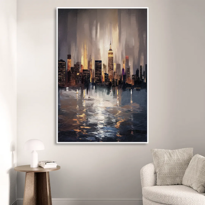 New York City Foggy Skyline Contrast Night Sitting Room - White Canvas Wall Art