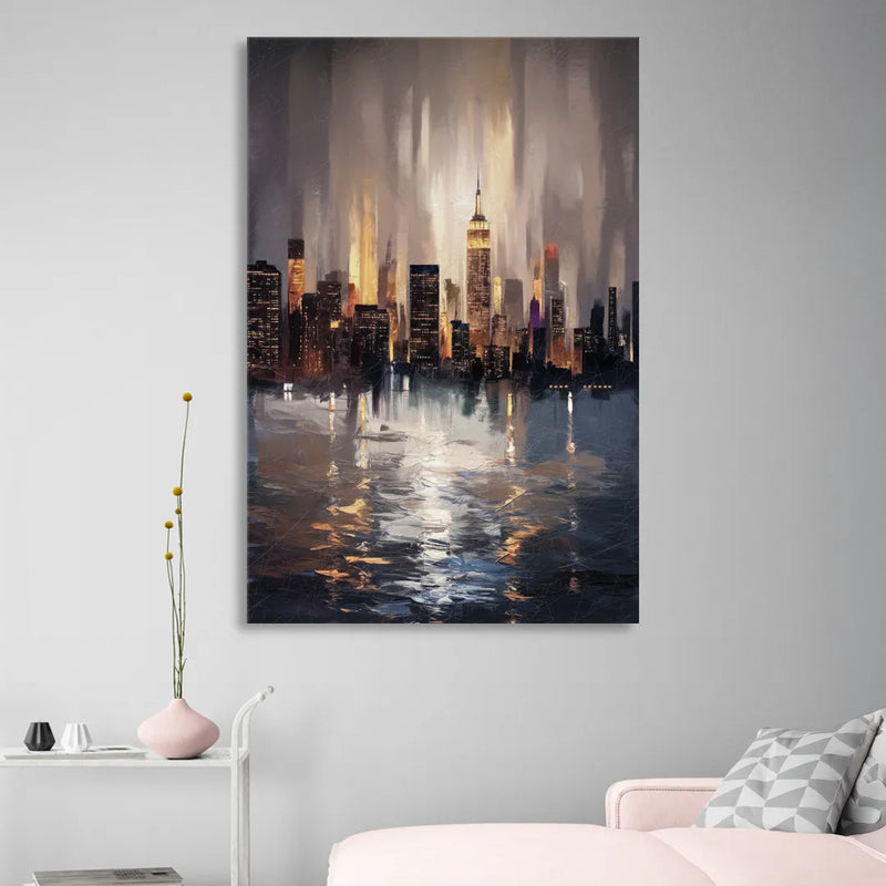 New York City Foggy Skyline Contrast Night Living Room - Canvas Wall Art
