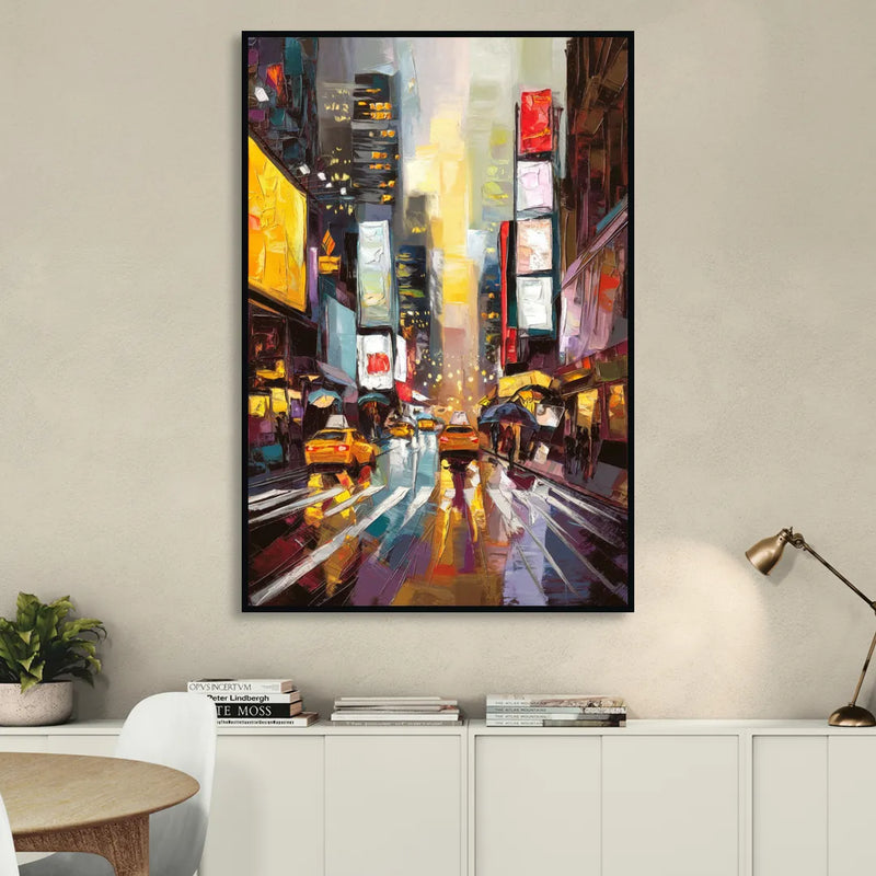 New York City Framed Street Photography Evening Living Room - Black Canvas Wall Art