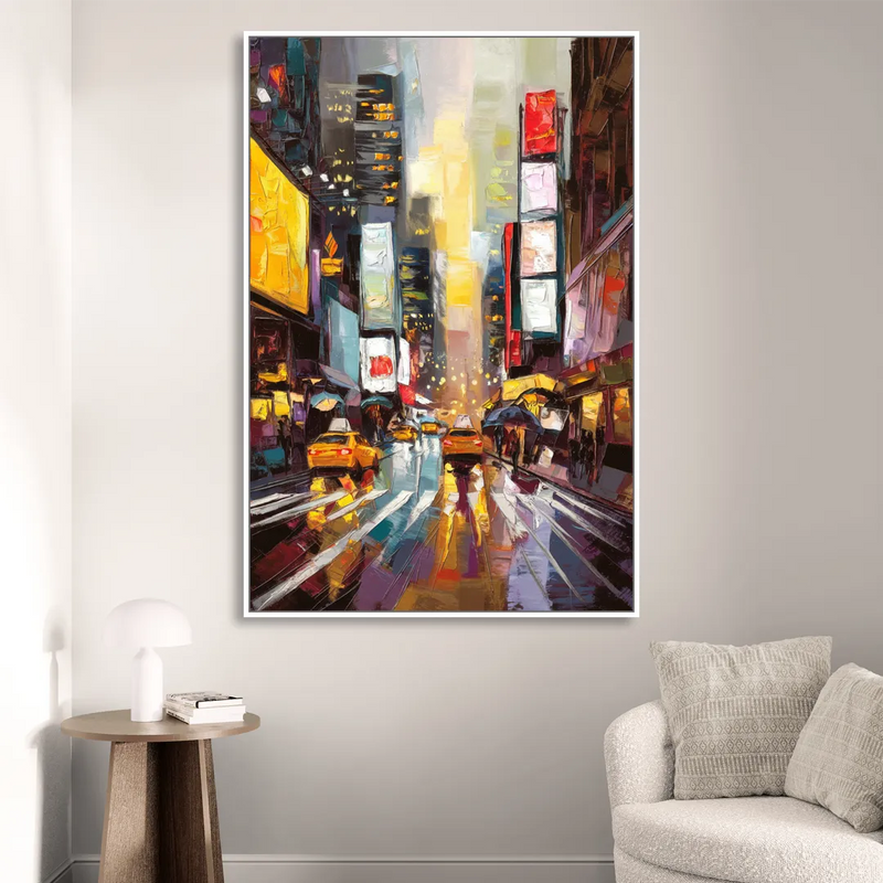 New York City Framed Street Photography Evening Living Room - White Canvas Wall Art