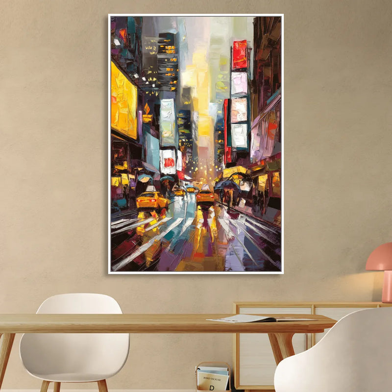New York City Framed Street Photography Evening Sitting Room - White Canvas Wall Art