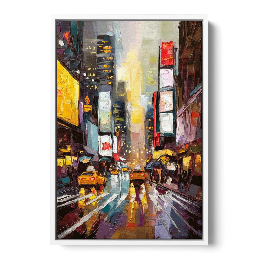 New York City Framed Street Photography Evening Front - White Canvas Wall Art